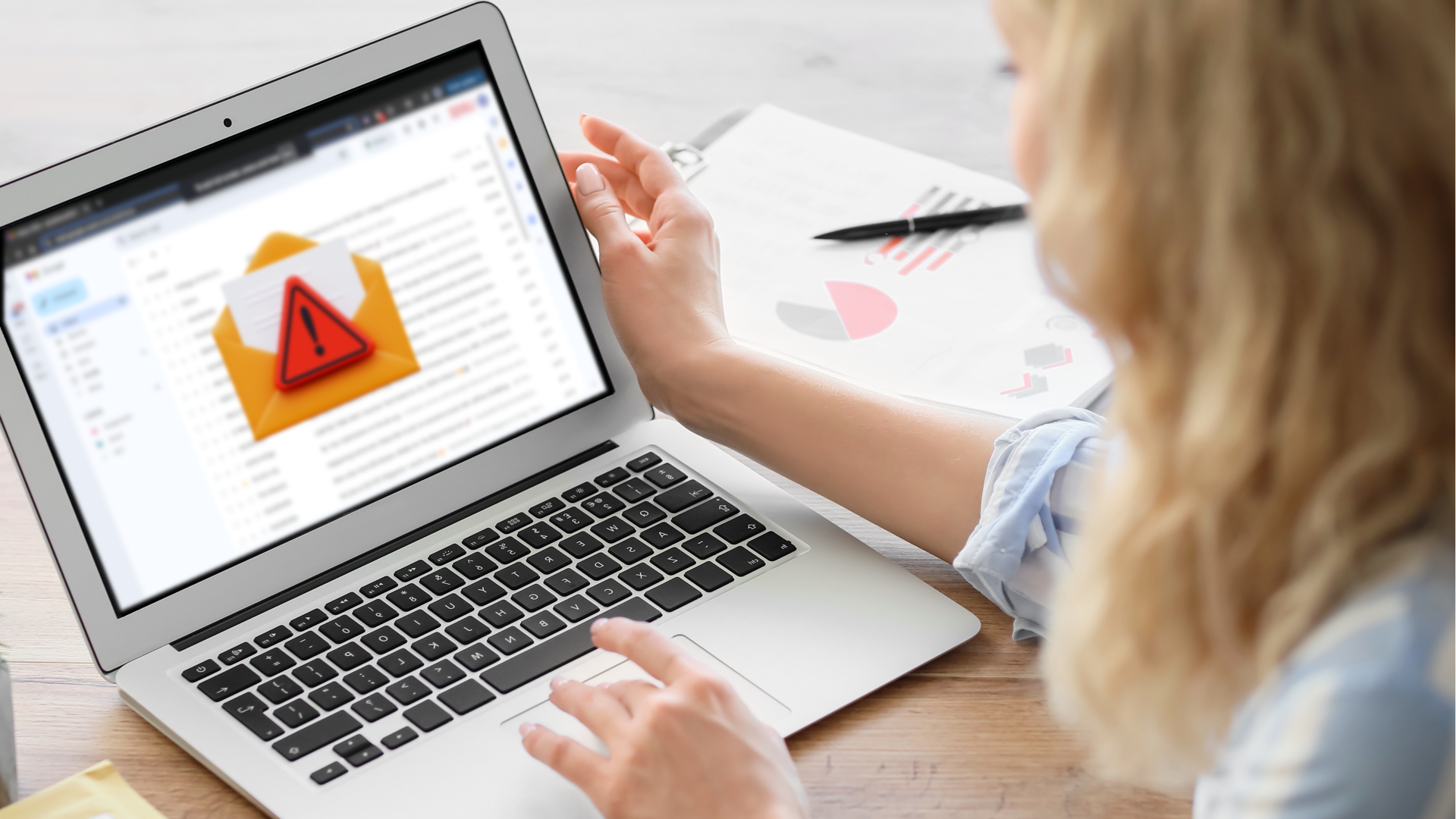 A woman checks her email on a laptop. The laptop displays a warning notice atop the email inbox.