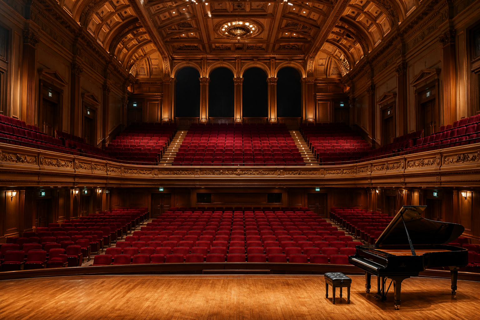 Historic music hall with red auditorium seating