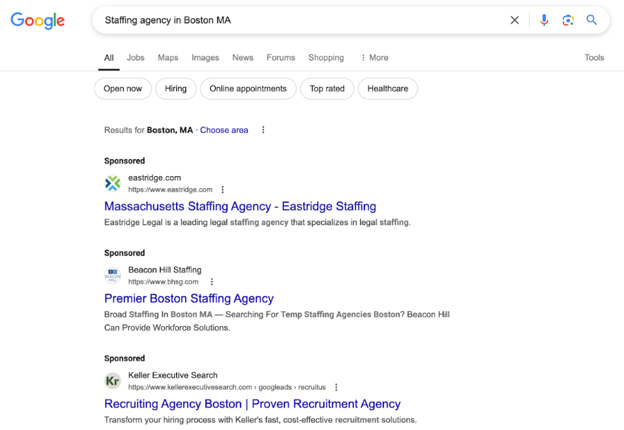 Search for “Staffing Agency in Boston MA” made January 2024